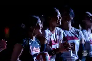 Nebraska Cornhusker Lexi Rodriguez (8) is being introduced to the the fans before taking on the Illinois Fighting Illini during the volleyball match on Sunday, November 12, 2023, in Lincoln, Nebraska. Photo by John S. Peterson.