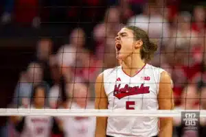 Nebraska Cornhusker Bekka Allick (5) celebrates after scoring against the Illinois Fighting Illini in the fourth set during the volleyball match on Sunday, November 12, 2023, in Lincoln, Nebraska. Photo by John S. Peterson.