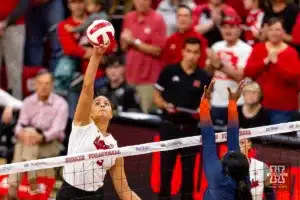 Nebraska Cornhusker Bekka Allick (5) spikes the ball against the Illinois Fighting Illini in the first set during the volleyball match on Sunday, November 12, 2023, in Lincoln, Nebraska. Photo by John S. Peterson.