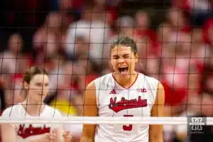 Nebraska Cornhusker Bekka Allick (5) celebrates after scoring against the Illinois Fighting Illini in the fourth set during the volleyball match on Sunday, November 12, 2023, in Lincoln, Nebraska. Photo by John S. Peterson.