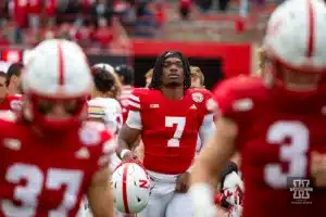 Nebraska Cornhusker quarterback Jeff Sims (7) walks off the field after the game against the Maryland Terrapins during the football game on Saturday, November 11, 2023, in Lincoln, Nebraska. Photo by John S. Peterson.