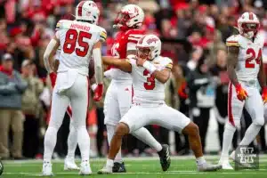 Maryland Terrapin quarterback Taulia Tagovailoa (3) celebrates a first down against the Nebraska Cornhusker in the fourt quarter during the football game on Saturday, November 11, 2023, in Lincoln, Nebraska. Photo by John S. Peterson.