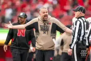 Nebraska Cornhuskers head coach Matt Rhule reacts to a call during a game between the Maryland Terrapins and the Nebraska Cornhuskers in Lincoln, NE on Saturday November 11th, 2023. . Photo by Eric Francis