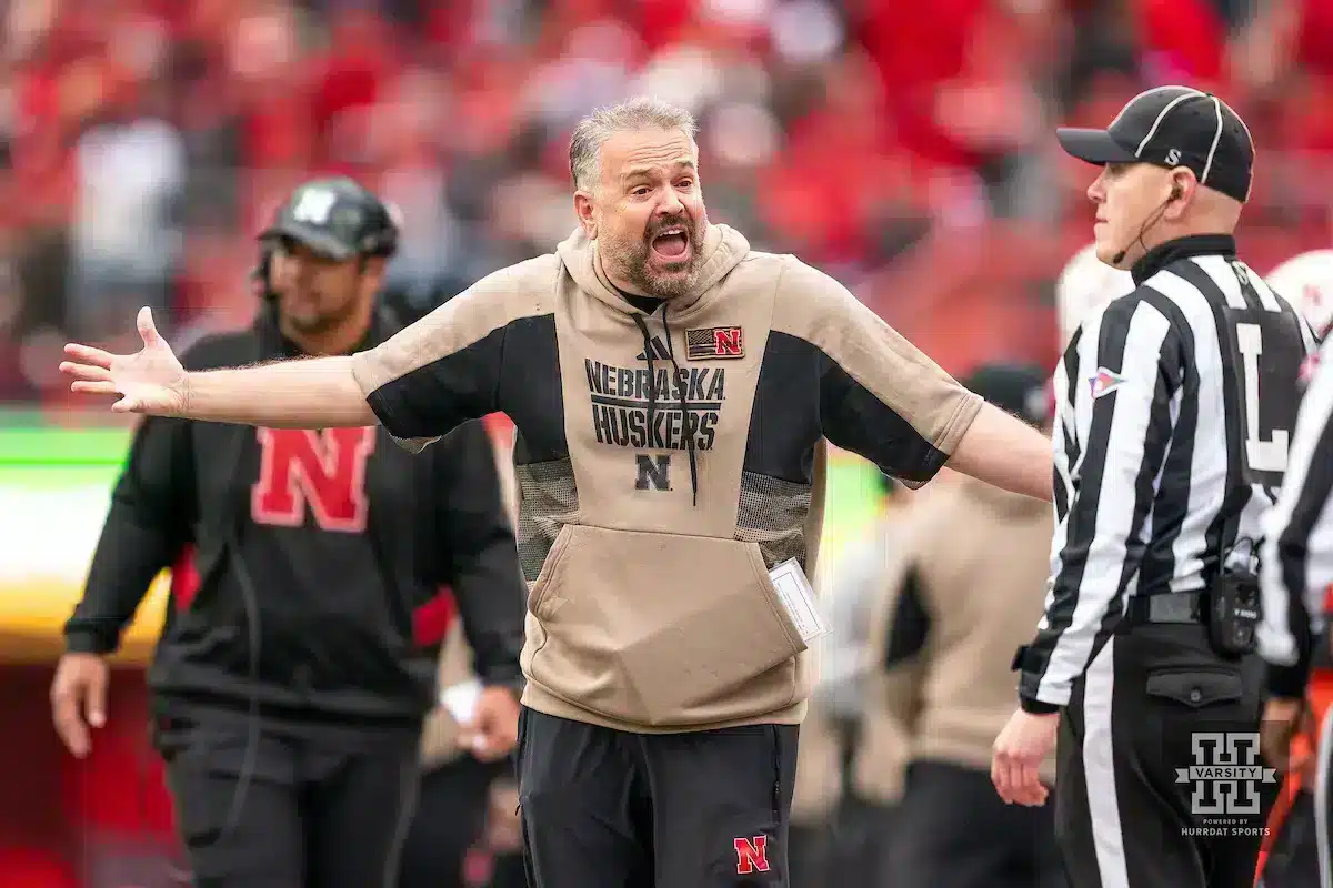 EF231111_FB_UMvNU_0025.JPG Nebraska Cornhuskers head coach Matt Rhule reacts to a call during a game between the Maryland Terrapins and the Nebraska Cornhuskers in Lincoln, NE on Saturday November 11th, 2023. . Photo by Eric Francis