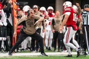 Nebraska Cornhuskers head coach Matt Rhule congratulates his players after a fake punt during a game between the Maryland Terrapins and the Nebraska Cornhuskers in Lincoln, NE on Saturday November 11th, 2023. . Photo by Eric Francis