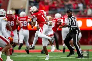 Nebraska Cornhusker wide receiver Billy Kemp IV (1) makes a catch against Maryland Terrapin defensive back Beau Brade (2) in the second quarter during the football game on Saturday, November 11, 2023, in Lincoln, Nebraska. Photo by John S. Peterson.