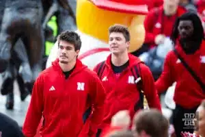 Nebraska Cornhusker quarterback Heinrich Haarberg (10) leads the Huskers on the Unity Walk before the football game against the Maryland Terrapins on Saturday, November 11, 2023, in Lincoln, Nebraska. Photo by John S. Peterson.