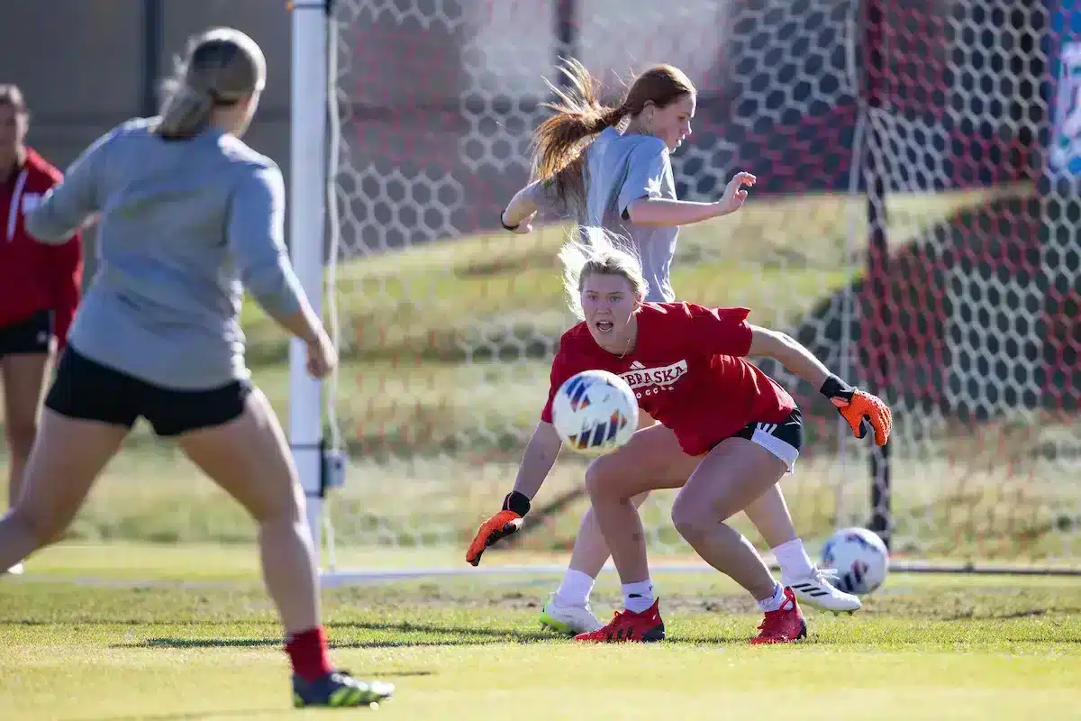 Nebraska Cornhuskers prepare for their match tomorrow in Lincoln against South Dakota State in the first round of NCAA soccer championships on Thursday, November 9, 2023, in Lincoln, Nebraska. Photo by John S. Peterson.