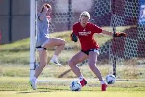 Nebraska Cornhuskers prepare for their match tomorrow in Lincoln against South Dakota State in the first round of NCAA soccer championships on Thursday, November 9, 2023, in Lincoln, Nebraska. Photo by John S. Peterson.