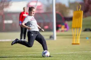 Nebraska Cornhuskers prepare for their match tomorrow in Lincoln against South Dakota State in the first round of NCAA soccer championships on Thursday, November 9, 2023, in Lincoln, Nebraska. Photo by John S. Peterson.