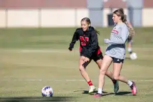 Nebraska Cornhuskers prepare for their match tomorrow in Lincoln against South Dakota State in the first round of NCAA soccer championships on Thursday, November 9, 2023, in Lincoln, Nebraska. Photo by John S. Peterson.