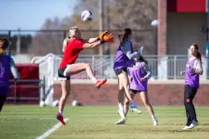 Nebraska Cornhuskers prepare for their match tomorrow in Lincoln against South Dakota State in the first round of NCAA soccer championships on Thursday, November 9, 2023, in Lincoln, Nebraska. Photo by John S. Peterson.