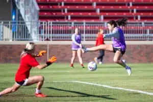 Nebraska Cornhuskers prepare for their match tomorrow in Lincoln against South Dakota State in the first round of NCAA soccer championships on Thursday, November 9, 2023, in Lincoln, Nebraska. Photo by John S. Peterson.