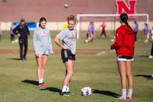 Nebraska Cornhuskers prepare for their match tomorrow in Lincoln against South Dakota State in the first round of NCAA soccer championships on Thursday, November 9, 2023, in Lincoln, Nebraska. Photo by John S. Peterson.
