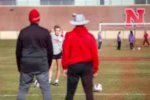 Nebraska Cornhuskers prepare for their match tomorrow in Lincoln against South Dakota State in the first round of NCAA soccer championships on Thursday, November 9, 2023, in Lincoln, Nebraska. Photo by John S. Peterson.