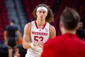 Nebraska Cornhuskers forward Josiah Allick (53) warms up before taking on the Lindenwood Lions during a college basketball game on Monday, November 6, 2023, in Lincoln, Nebraska. Photo by John S. Peterson.