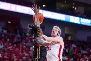 Nebraska Cornhuskers forward Rienk Mast (51) makes a layup against the Lindenwood Lions in the first half during a college basketball game on Monday, November 6, 2023, in Lincoln, Nebraska. Photo by John S. Peterson.