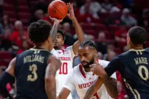 Nebraska Cornhuskers guard Jamarques Lawrence (10) makes a three point shot against the Lindenwood Lions in the first half during a college basketball game on Monday, November 6, 2023, in Lincoln, Nebraska. Photo by John S. Peterson.