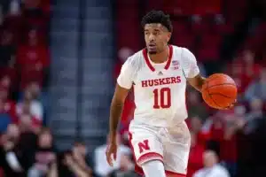 Nebraska Cornhuskers guard Jamarques Lawrence (10) brings the ball down the court against the Lindenwood Lions in the first half during a college basketball game on Monday, November 6, 2023, in Lincoln, Nebraska. Photo by John S. Peterson.