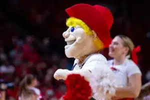 Nebraska Cornhusker mascot entertaining the crowd during a college basketball game against the Lindenwood Lions on Monday, November 6, 2023, in Lincoln, Nebraska. Photo by John S. Peterson.