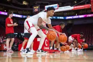 Nebraska Cornhusker warm up before taking on Lindenwood Lions during a college basketball game on Monday, November 6, 2023, in Lincoln, Nebraska. Photo by John S. Peterson.