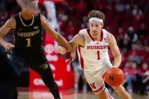 Nebraska Cornhuskers guard Sam Hoiberg (1) drives to the lane against Lindenwood Lions in the first half during a college basketball game on Monday, November 6, 2023, in Lincoln, Nebraska. Photo by John S. Peterson.