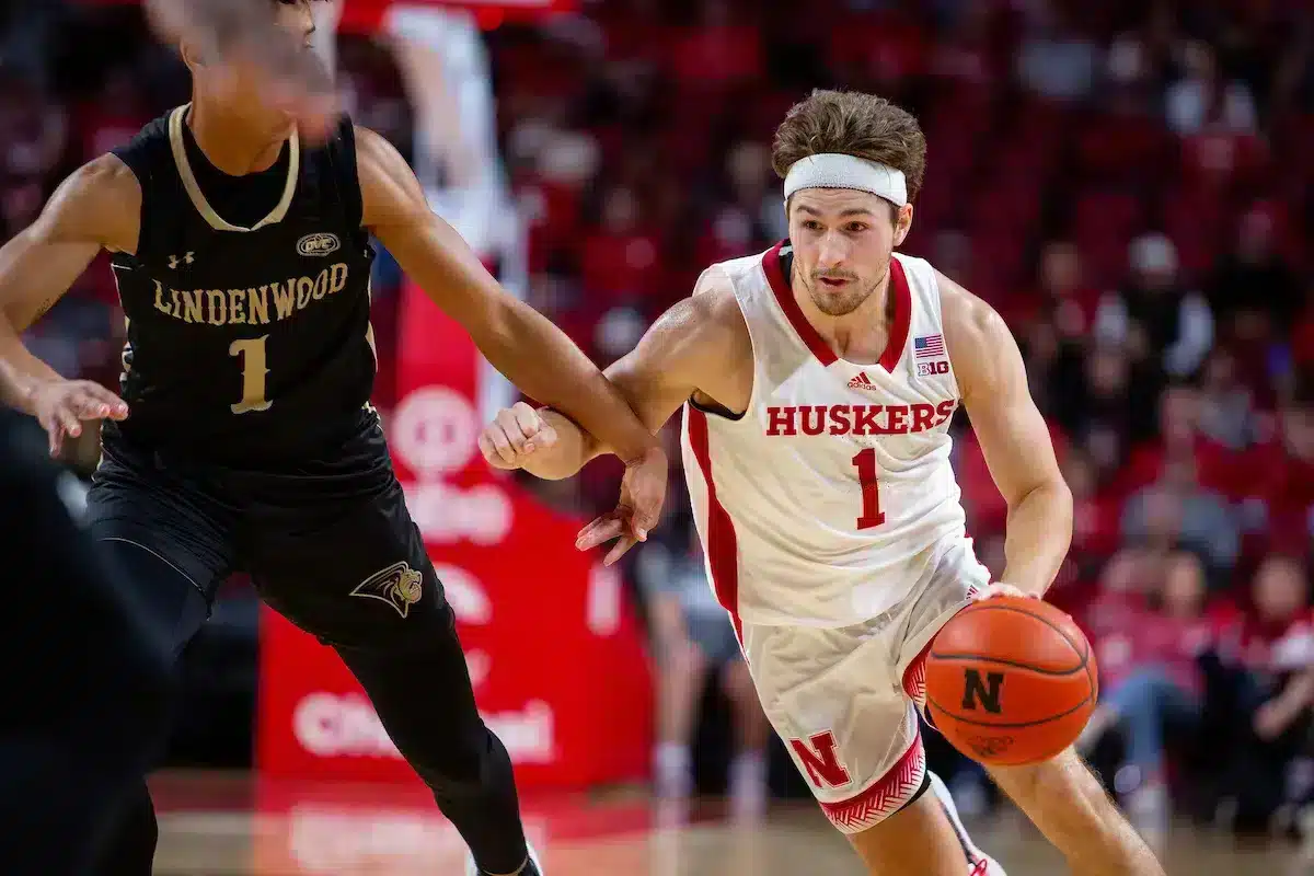 Nebraska Cornhuskers guard Sam Hoiberg (1) drives to the lane against Lindenwood Lions in the first half during a college basketball game on Monday, November 6, 2023, in Lincoln, Nebraska. Photo by John S. Peterson.