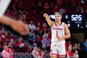 Nebraska Cornhuskers guard Sam Hoiberg (1) give thanks for an assist against the Lindenwood Lions in the first half during a college basketball game on Monday, November 6, 2023, in Lincoln, Nebraska. Photo by John S. Peterson.