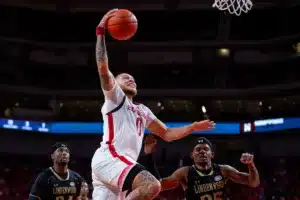 Nebraska Cornhuskers guard C.J. Wilcher (0) makes a layup against the Lindenwood Lions in the second half during a college basketball game on Monday, November 6, 2023, in Lincoln, Nebraska. Photo by John S. Peterson.