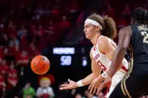 Nebraska Cornhuskers forward Josiah Allick (53) makes a pass against the Lindenwood Lions in the second half during a college basketball game on Monday, November 6, 2023, in Lincoln, Nebraska. Photo by John S. Peterson.