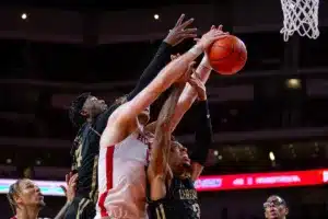 Nebraska Cornhuskers forward Rienk Mast (51) fights for a rebound against the Lindenwood Lions during a college basketball game on Monday, November 6, 2023, in Lincoln, Nebraska. Photo by John S. Peterson.