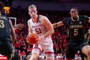 Nebraska Cornhuskers forward Rienk Mast (51) drives the lande against Lindenwood Lion forward Jaylon McDaniel (5) in the second half during a college basketball game on Monday, November 6, 2023, in Lincoln, Nebraska. Photo by John S. Peterson.