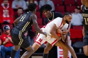 Nebraska Cornhuskers guard Brice Williams (3) fights for the ball against the Lindenwood Lions in the second half during a college basketball game on Monday, November 6, 2023, in Lincoln, Nebraska. Photo by John S. Peterson.