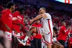 Nebraska Cornhuskers guard C.J. Wilcher (0) celebrates Josiah Allick's dunk in the second half against the Alcorn State Braves during a college basketball game on Monday, November 6, 2023, in Lincoln, Nebraska. Photo by John S. Peterson.