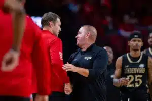 Nebraska Cornhuskers head coach Fred Hoiberg shakes hand with Lindenwood Lion head coach Kyle Gerdeman after a college basketball game on Monday, November 6, 2023, in Lincoln, Nebraska. Photo by John S. Peterson.