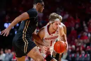 Nebraska Cornhuskers guard Sam Hoiberg (1) drives to the basket against the Lindenwood Lion forward Jaylon McDaniel (5) in the second half during a college basketball game on Monday, November 6, 2023, in Lincoln, Nebraska. Photo by John S. Peterson.