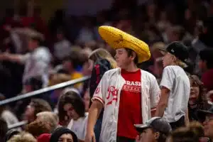 Nebraska Cornhusker fan weaing the appropriate head gear for the women's basketball game Northwestern State Lady Demons on Monday, November 6, 2023, in Lincoln, Nebraska. Photo by John S. Peterson.