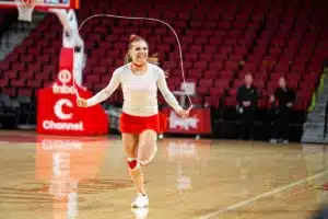 Tori Boggs performs for the crowd of school aged kids before the Huskers take on Northwestern State Lady Demons during a college basketball game on Monday, November 6, 2023, in Lincoln, Nebraska. Photo by John S. Peterson.