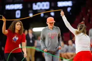 Nebraska Cornhusker fan jumping rope before the game against the Northwestern State Lady Demons during a college basketball game on Monday, November 6, 2023, in Lincoln, Nebraska. Photo by John S. Peterson.