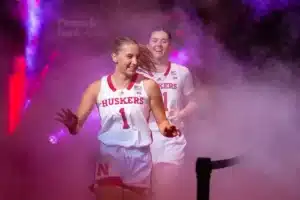 Nebraska Cornhuskers guard Jaz Shelley (1) leads the team out on to the court to take on the Northwestern State Lady Demons during a college basketball game on Monday, November 6, 2023, in Lincoln, Nebraska. Photo by John S. Peterson.