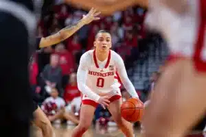 Nebraska Cornhuskers guard Darian White (0) dribbles the ball against the Northwestern State Lady Demons during a college basketball game on Monday, November 6, 2023, in Lincoln, Nebraska. Photo by John S. Peterson.