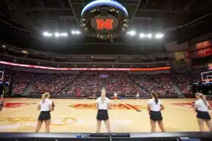Nebraska Cornhusker fans from a area schools listening to Tori Boggs jump rope record holder before the Huskers take on Northwestern State Lady Demons during a college basketball game on Monday, November 6, 2023, in Lincoln, Nebraska. Photo by John S. Peterson.