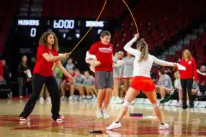 Nebraska Cornhusker fan jumping rope before the game against the Northwestern State Lady Demons during a college basketball game on Monday, November 6, 2023, in Lincoln, Nebraska. Photo by John S. Peterson.