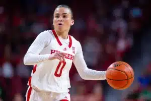 Nebraska Cornhuskers guard Darian White (0) brings the ball down the court against the Northwestern State Lady Demons during a college basketball game on Monday, November 6, 2023, in Lincoln, Nebraska. Photo by John S. Peterson.