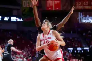 Nebraska Cornhuskers center Alexis Markowski (40) drive the baseline against the Northwestern State Lady Demons in the second quarter during a college basketball game on Monday, November 6, 2023, in Lincoln, Nebraska. Photo by John S. Peterson.