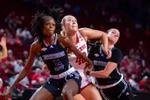 Nebraska Cornhuskers center Alexis Markowski (40) fights for position for a rebound from a free throw against Northwestern State Lady Demons forward Jasmin Dixon (11) and guard Carla Celaya (15) in the second quarter during a college basketball game on Monday, November 6, 2023, in Lincoln, Nebraska. Photo by John S. Peterson.