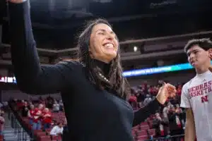 Nebraska Cornhuskers head coach Amy Williams excited for the first game against the Northwestern State Lady Demons during a college basketball game on Monday, November 6, 2023, in Lincoln, Nebraska. Photo by John S. Peterson.