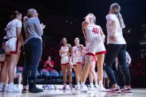 Nebraska Cornhuskers center Alexis Markowski (40) introduced to the fans before the game against the Northwestern State Lady Demons during a college basketball game on Monday, November 6, 2023, in Lincoln, Nebraska. Photo by John S. Peterson.