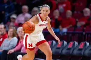 Nebraska Cornhuskers guard Jaz Shelley (1) bring the ball down the court against the Northwestern State Lady Demons in the third quarter during a college basketball game on Monday, November 6, 2023, in Lincoln, Nebraska. Photo by John S. Peterson.