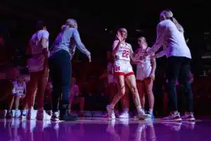 Nebraska Cornhuskers forward Natalie Potts (22) introduced before the game against the Northwestern State Lady Demons during a college basketball game on Monday, November 6, 2023, in Lincoln, Nebraska. Photo by John S. Peterson.